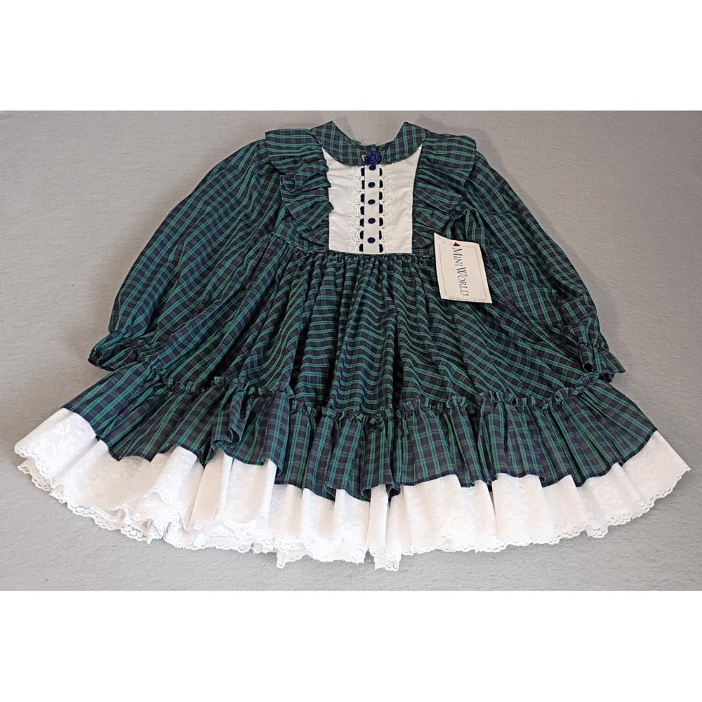 Vintage Mini World Dress Size 6X Lace Ruffles Green Plaid Christmas Holiday‎ NWT